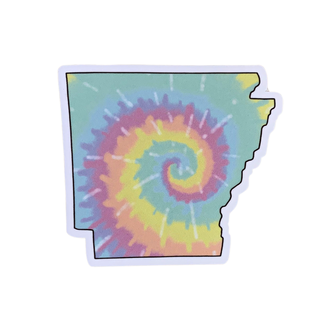 state of arkansas silhouette premium vinyl sticker decal with rainbow tie dye swirl of pastels
