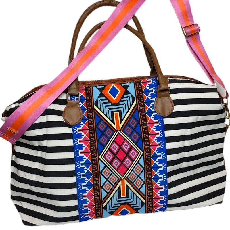 striped aztec weekender bag with optional longer strap