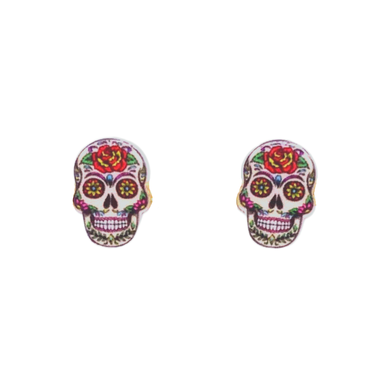 sugar skull stud earrings white skulls with colorful flowers and patterns like traditional sugar skulls