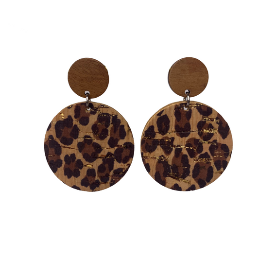 traditional leopard print with gold accents on cork and faux leather with wood earrings