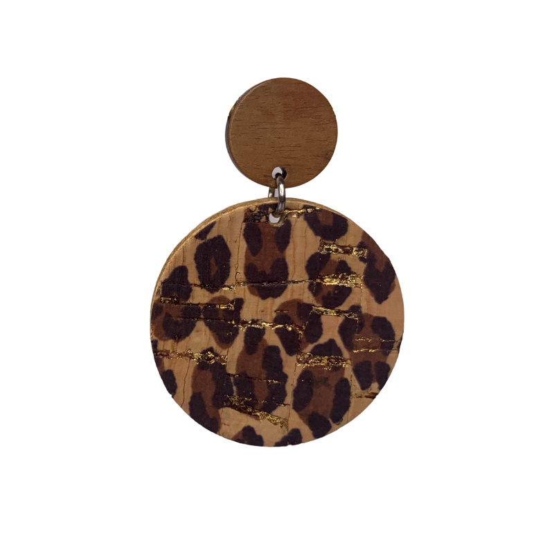 traditional leopard print with gold accents on cork and faux leather with wood earrings close up