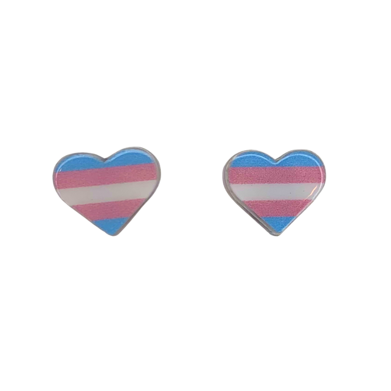 trans pride colors heart stud earrings blue pink and white stripes on hearts show your pride trans lives matter lgbtqia+ trans pride flag