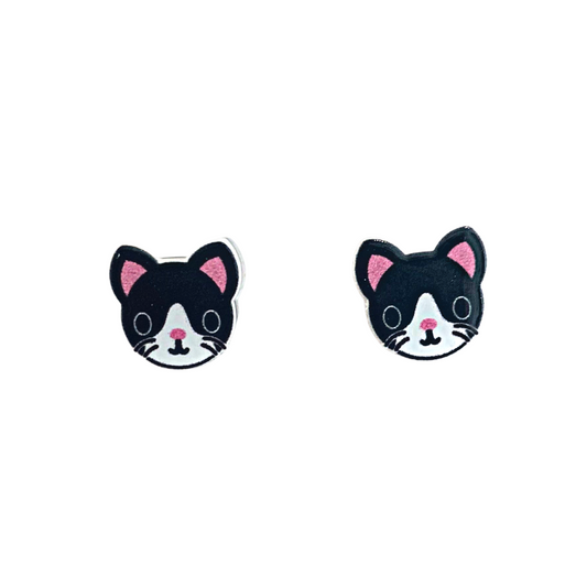 tuxedo cat kitten kitty stud earrigs black and white tuxedo cat with pink ears and nose and black whiskers