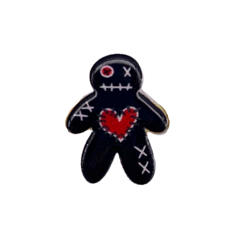 voodoo doll stud earrings spooky black voodoo dolls shown with white stitching and red patches halloween