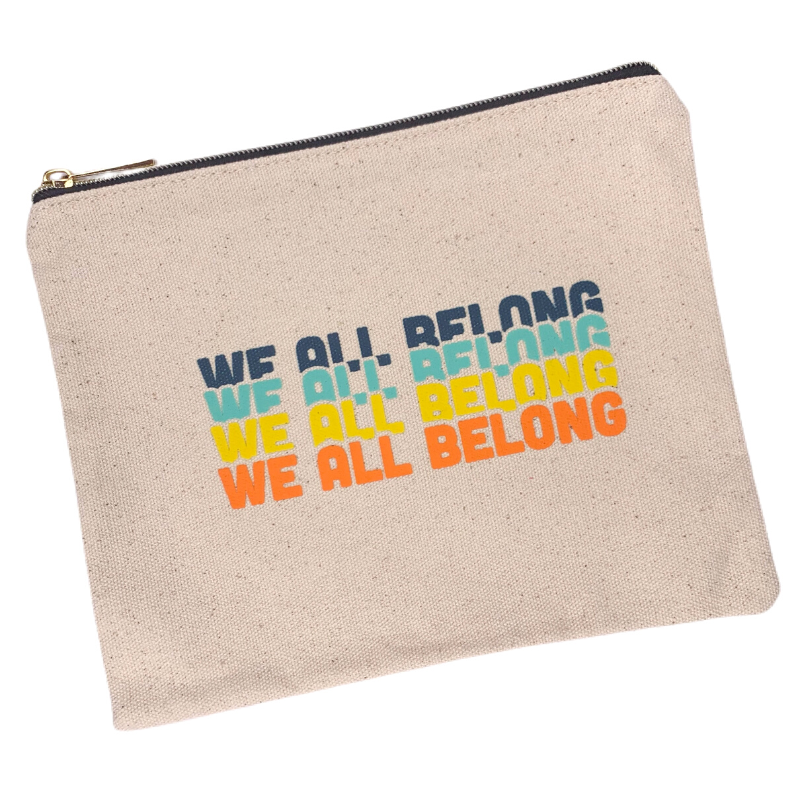 we all belong zipper pouch natural unbleached canvas pouch with colorful we all belong design on top