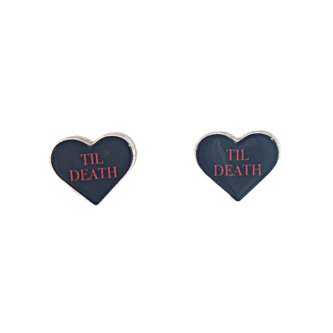 witchy spooky halloween black heart stud earrings that say til death in red lettering