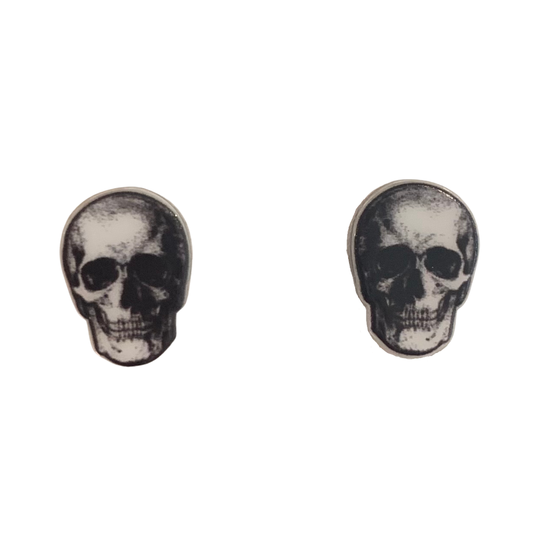 witchy spooky halloween human skull stud earrings skulls are grey black and white